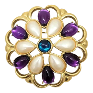 Vintage Signed Trifari Tm Faux-Pearl, Faux-Amethyst & Faux-Sapphire Brooch