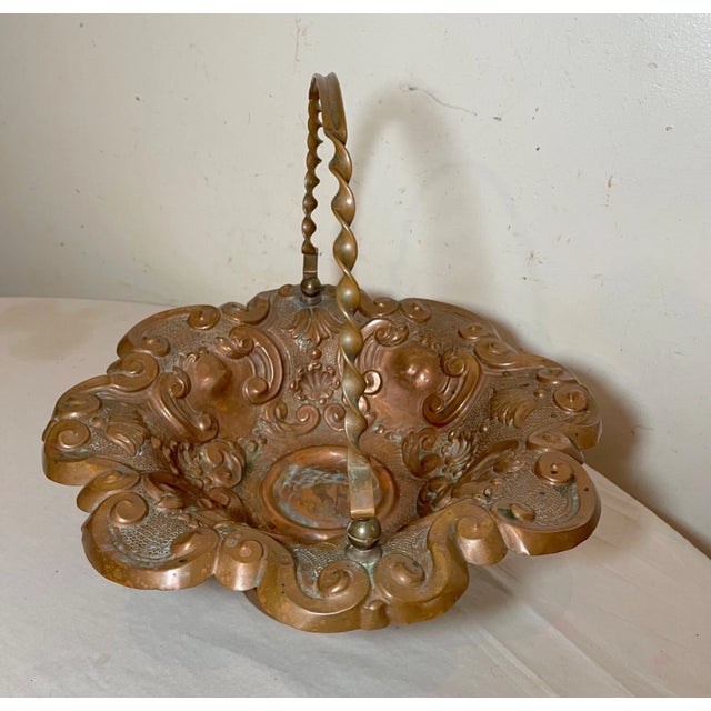 Victorian Antique Ornate Hand Tooled Hammered Footed Copper Centerpiece Fruit Bowl Basket For Sale - Image 3 of 12