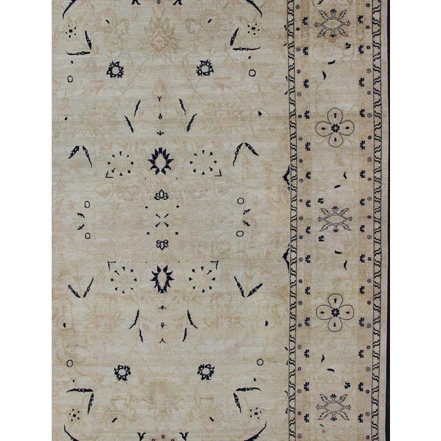 Vintage Tabriz Rug With Beige Field and Deep Indigo Accents Geometric Design For Sale - Image 4 of 13