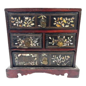 Antique Korean Mother of Pearl InAntique Korean Mother of Pearl Inlaid Lacquer Wood Jewelry Chestlaid Lacquer Wood Jewelry Chest