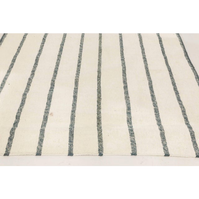 Modern Handwoven Indian Dhurrie Runner in Ivory with Indigo Stripes by Doris Leslie Blau. Size: 3.3" × 14.3" (99 × 434...