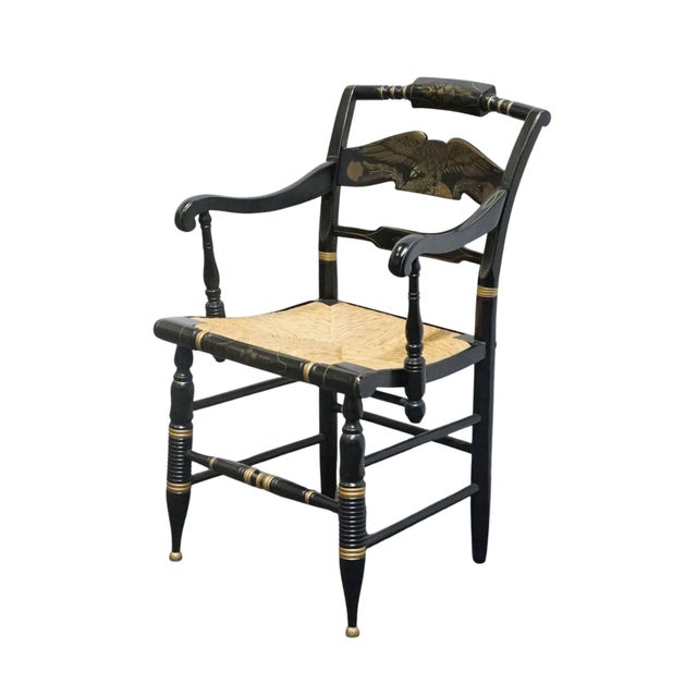 ETHAN ALLEN Hand Decorated Collection Black Hitchcock Arm Chair w. Eagle Design and Rush Seat 14-6110A 33" High 21" Wide...