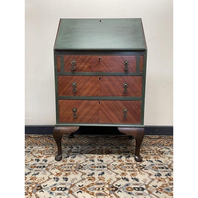 Vintage Green Queen Anne Writing Bureau with Three Drawers For Sale - Image 6 of 6