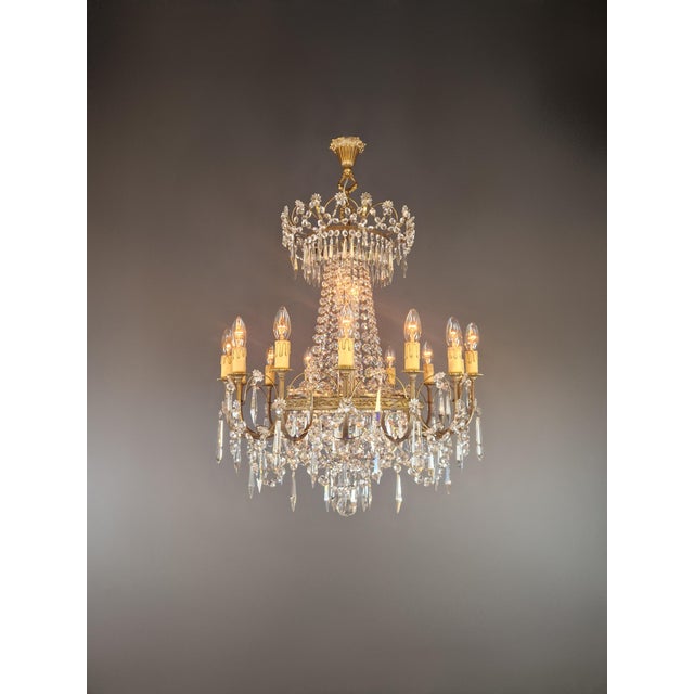 1950s Empire Brass Chandelier Crystal Lustre Ceiling Light For Sale - Image 4 of 12