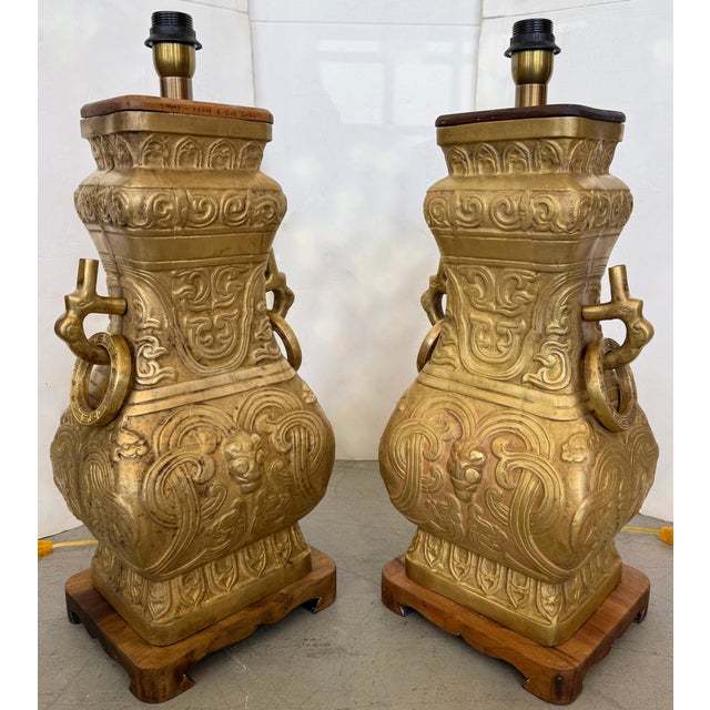 1940s James Mont Style Pair of Cast Brass Table Lamps For Sale In Miami - Image 6 of 11