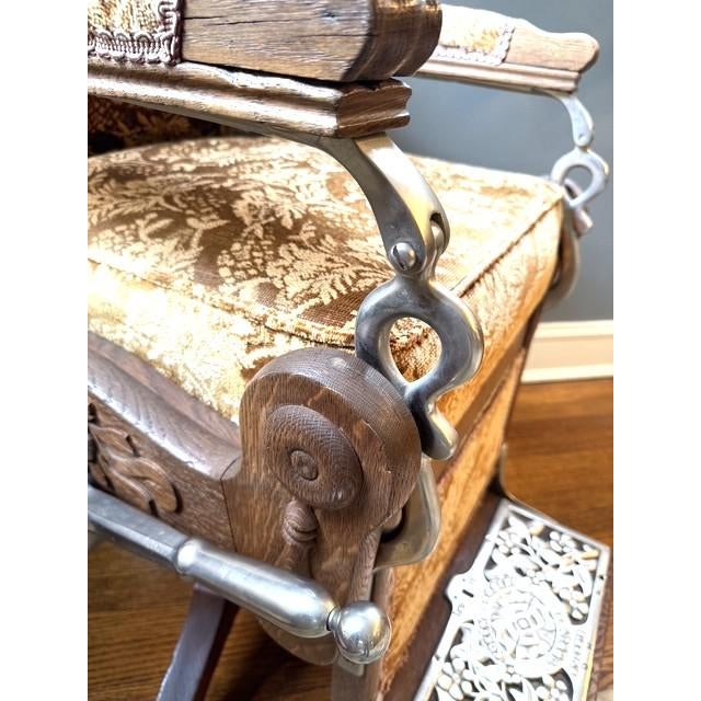 Antique Koken Barbers’ Chair, Upholstered, Hydraulic Pump, Headrest, Footrest, Oak For Sale - Image 4 of 10
