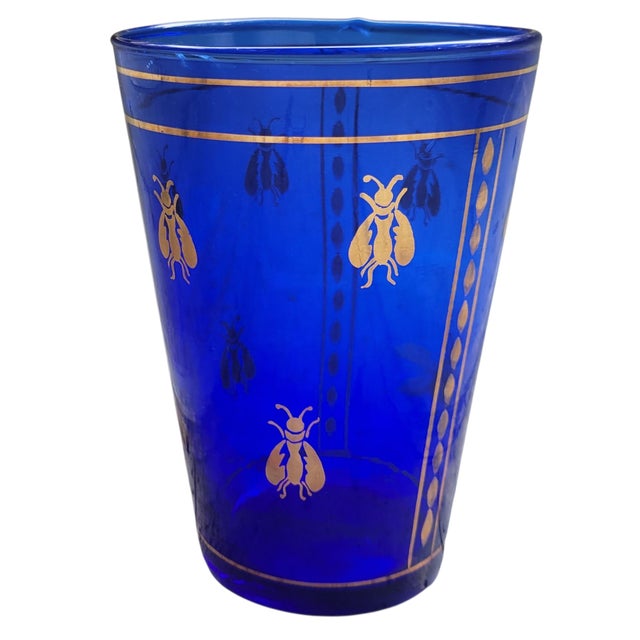 Vintage Boho Mid Century Hand Blown Cobalt Blue Glass Vase With Gold Honey Bee Accents For Sale In Boston - Image 6 of 18