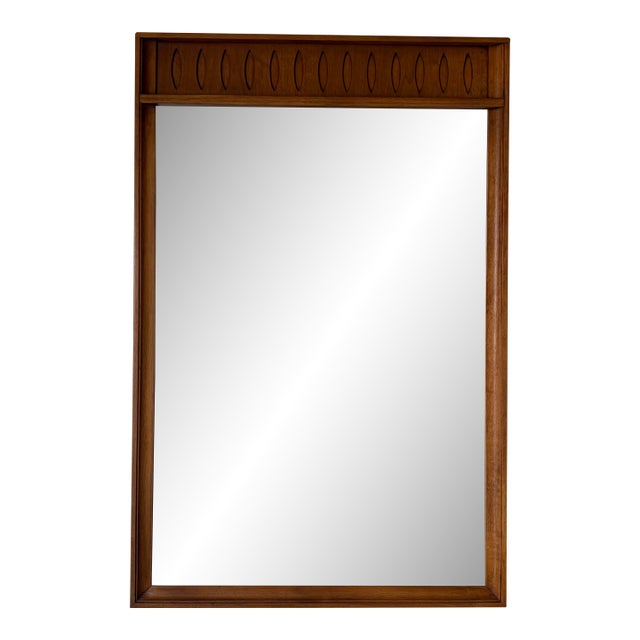 1970s Mid-Century Modern Walnut Wall Mirror With Carved Geometric Details For Sale