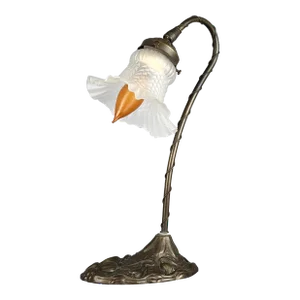 Late 19th Century Art Nouveau Bronze and Milk Glass Shade Water Lily Pad Gooseneck Lamp