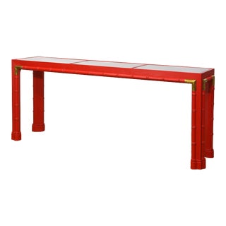 Colonial Style Red Lacquered Chippendale Inspired Faux Bamboo Console Table For Sale