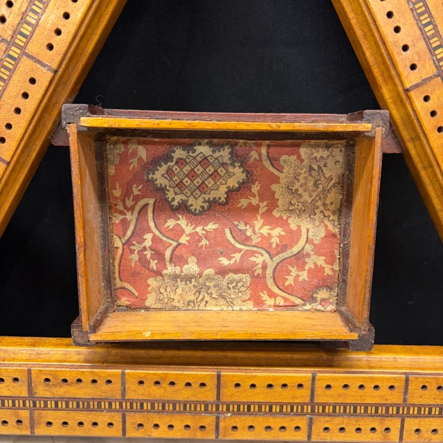 Antique Inlaid Triangular Cribbage Board With Integrated Card Holder For Sale - Image 4 of 7
