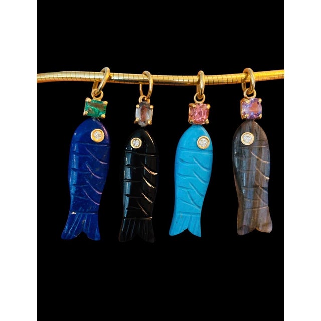 Perfect Poisson Lapis Pendant With Emerald, Diamond & 14k Gold For Sale - Image 9 of 11