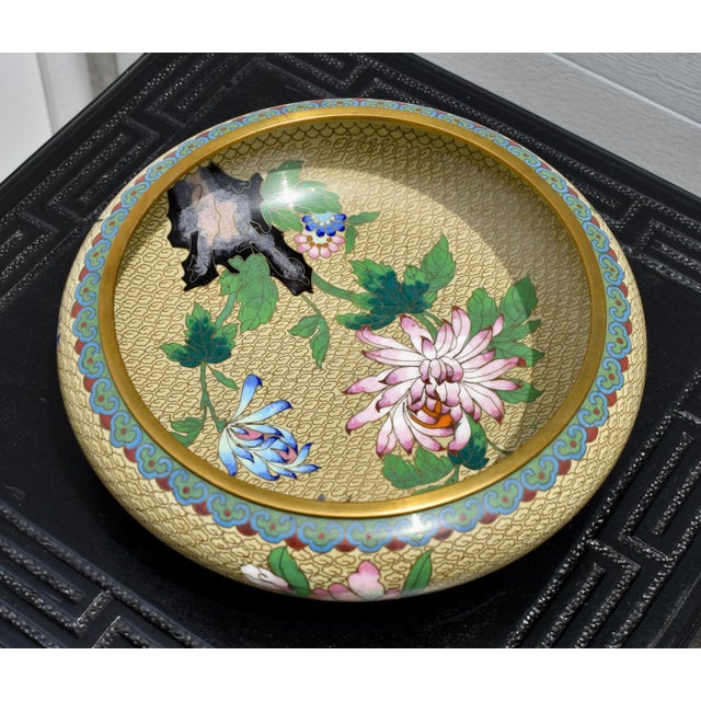 Vintage Chinese Cloisonne Enamel Bowl Bird Chrysanthemum Floral Centerpiece 8" For Sale - Image 9 of 12