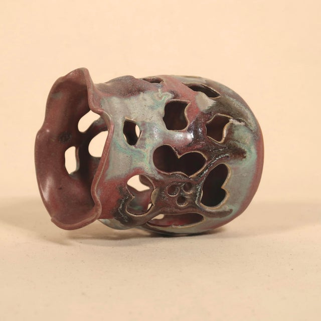 Vintage Sculptural Studio Pottery Pierced Ceramic Vessel Candle Holder With Organic Drip Glaze For Sale - Image 13 of 18