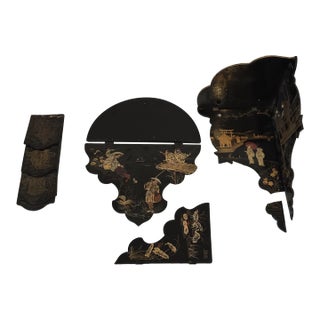 19th Century Chinoiserie Black Lacquer Wall Pocket and Paper Divider Ensemble For Sale