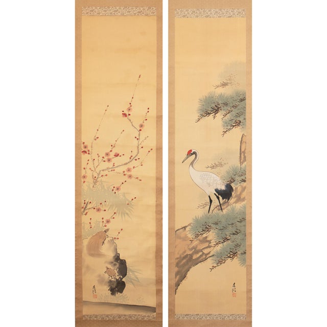 Fine antique Japanese watercolor scroll paintings depicting stunning landscape scenes with Turtles and Red-Crowned Crane,...