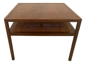 1990s Vintage Baker Co. Side Table With Two Tier Cane Shelf
