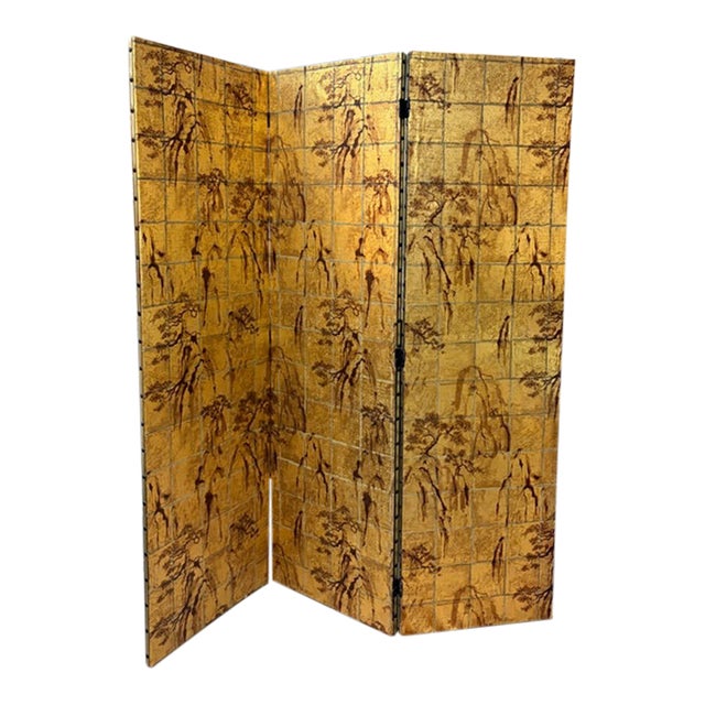 Mid Century Large Wood Asian Screen in a Gold Landscape Design - Reverse Is Floral For Sale