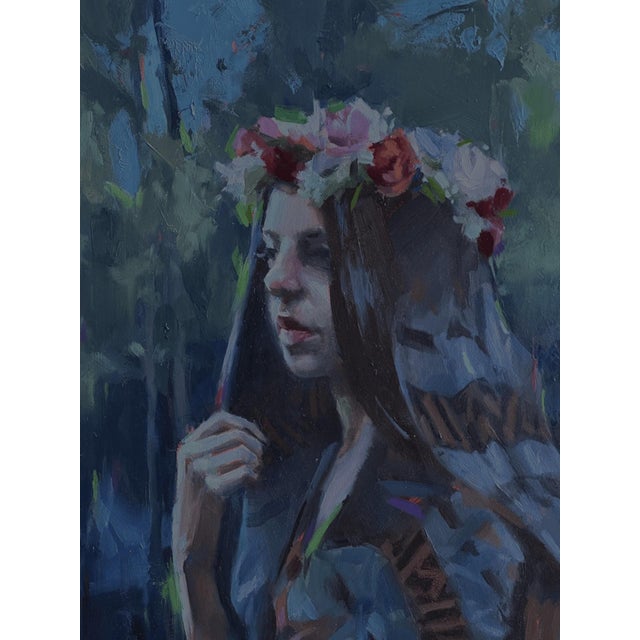 Nox Flore depicts a serene figure enveloped in deep blue tones, adorned with a floral crown that adds a touch of vibrancy...