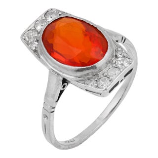 1930s Art Deco Fire Opal Diamond 18k White Gold Dinner Ring, Size 5.5 For Sale