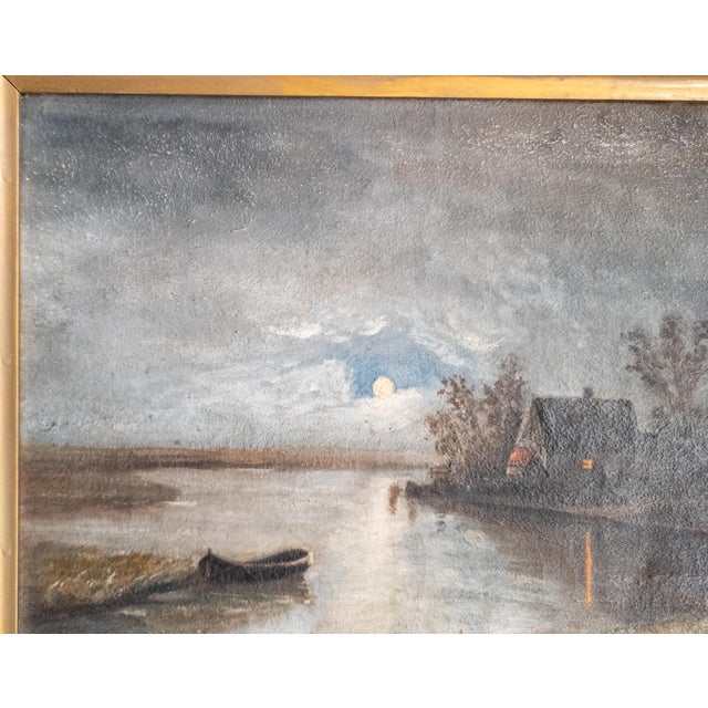 Wood 19th Century Continental European Moonlit Nocturne Landscape Painting For Sale - Image 7 of 12