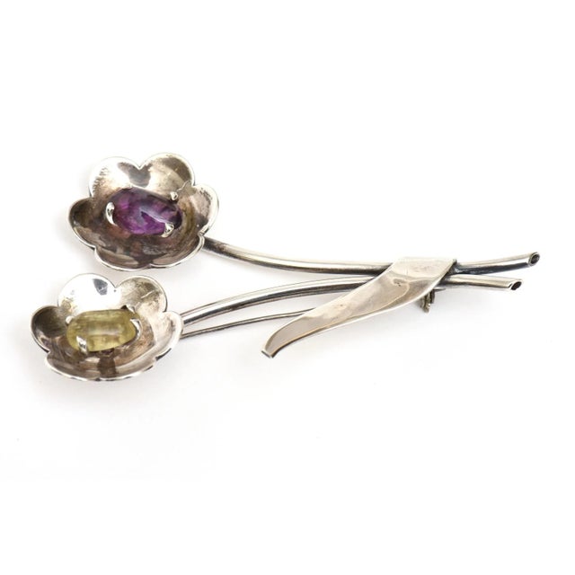 1970s Vintage Sterling Silver, Amethyst, Citrine Flower Pin Brooch Hallmarked For Sale - Image 5 of 8