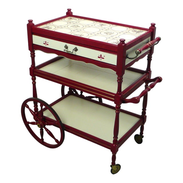 Red and Cream 3-Tier Serving Cart with Drawer, 1950s For Sale