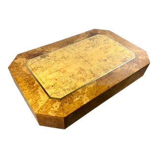 1970’s Modern Octagonal Burlwood and Brass Milo Baughman Style Coffee Table For Sale