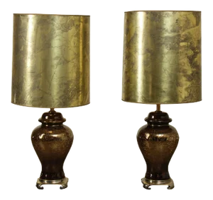 Hollywood Regency 1970s Vintage Gold Crackle Glass Ginger Jar Lamps - a Pair