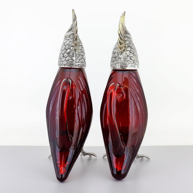Cartier Pair Cartier Sterling Silver & Ruby Red Cut Glass Oil & Vinegar Cruet Decanters For Sale - Image 4 of 18