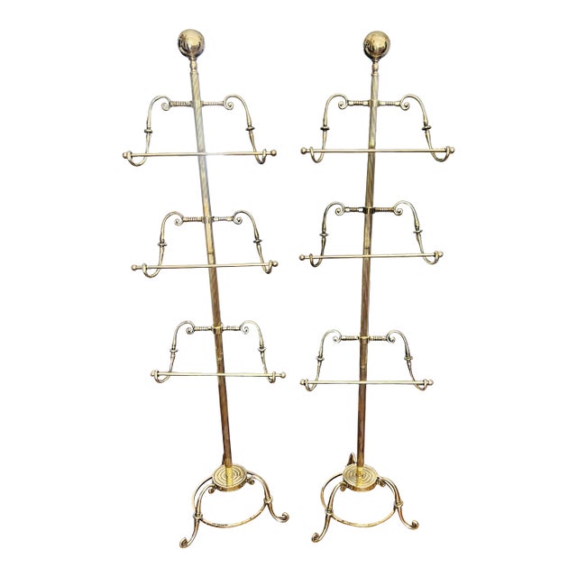 Vintage Asjustable Solid Brass Valet / Butler Stands With Classical Scrollwork a Pair For Sale