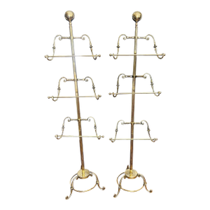 Vintage Asjustable Solid Brass Valet / Butler Stands With Classical Scrollwork a Pair