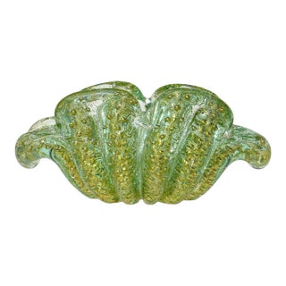 Vintage Murano Barovier Toso Green Control Bubbles Gold Flecks Italian Art Glass Flower Form Bowl Ashtray For Sale