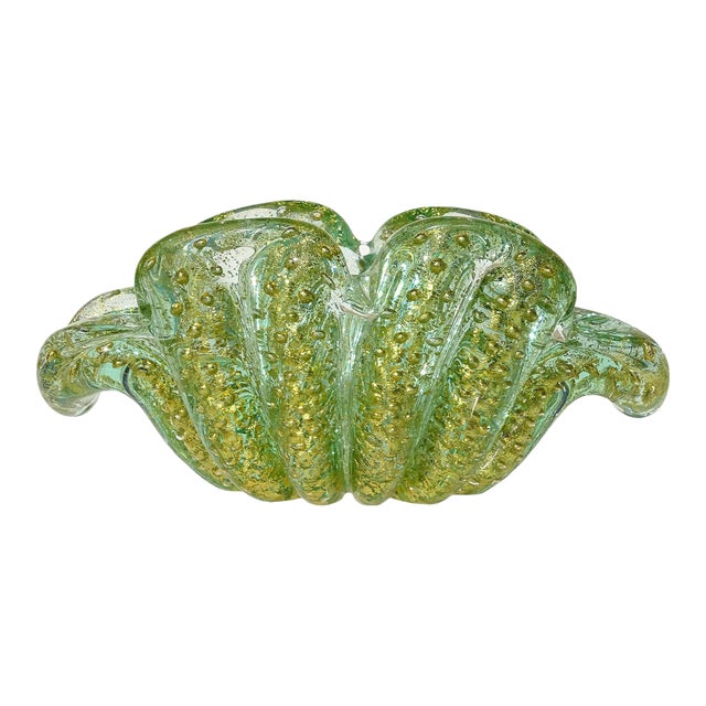 Vintage Murano Barovier Toso Green Control Bubbles Gold Flecks Italian Art Glass Flower Form Bowl Ashtray For Sale
