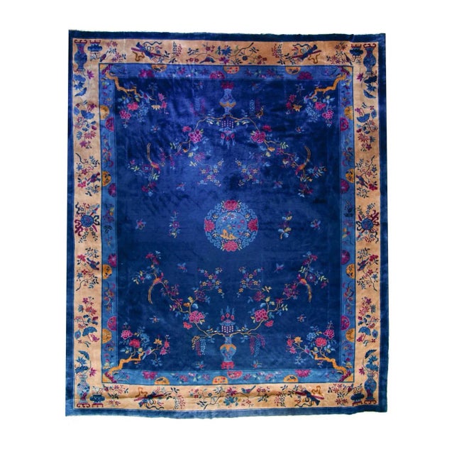 1920s Antique Chinese Art Deco Rug Medallion Botanical Royal Blue Hand Knotted Manchester Wool Rug - 12’3” X 14’5” For Sale - Image 10 of 10