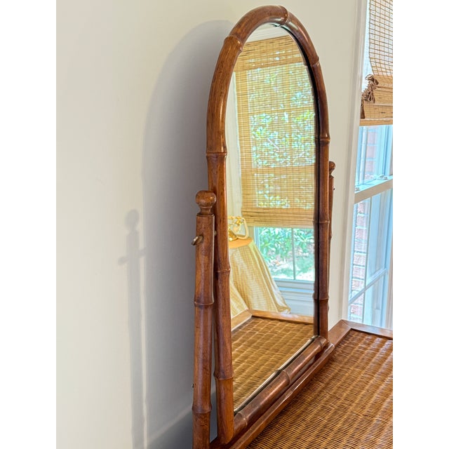 Brown American of Martinsville Vintage Coastal Faux Bamboo Rattan Vanity Desk Console With Detachable Mirror For Sale - Image 8 of 17