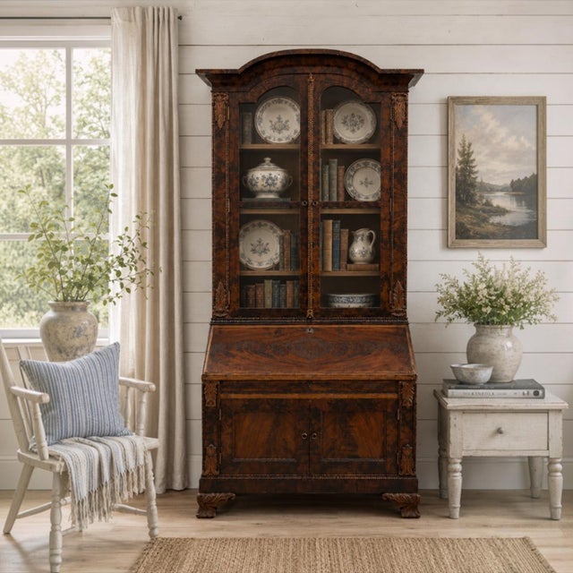 Chippendale 19th-C. Flame Mahogany & Pine Chippendale Revival Secretary Bookcase Cabinet For Sale - Image 3 of 5