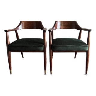 Mid-Century Modern Chairs, Jasper Chair Company Walnut Armchairs in Emerald Green Velvet- A Pair For Sale