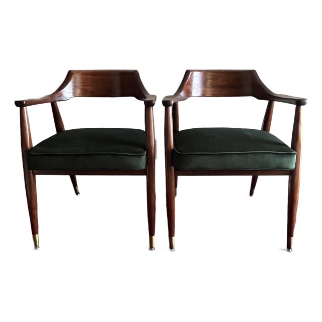 Mid-Century Modern Chairs, Jasper Chair Company Walnut Armchairs in Emerald Green Velvet- A Pair For Sale