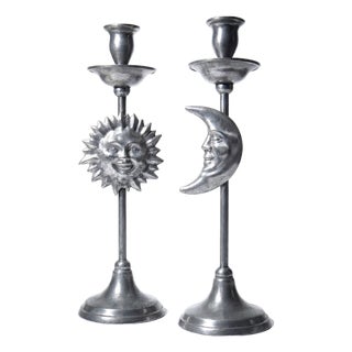 Vintage Silver-Plated Pewter Sun and Moon Handcrafted Candlesticks, 1960s, Set of 2 For Sale
