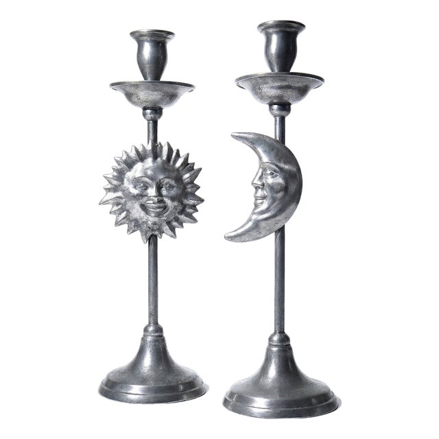 Vintage Silver-Plated Pewter Sun and Moon Handcrafted Candlesticks, 1960s, Set of 2 For Sale