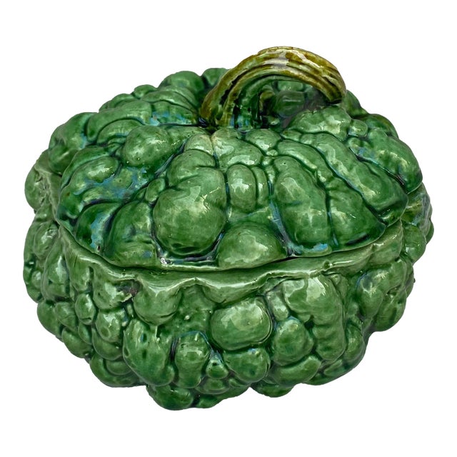 19th Century Portuguese Majolica Pumpkin Mustard Pot For Sale