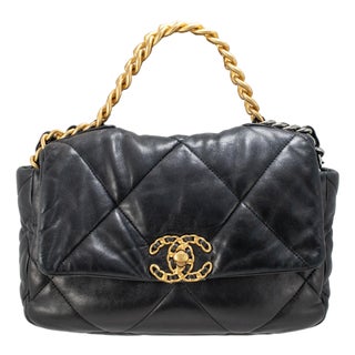 Chanel 19 Small Flap Quilted Lambskin Leather Black Metal Hardware Shoulder Bag For Sale