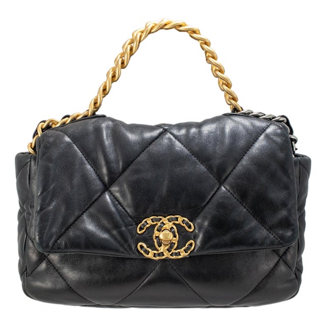 Chanel 19 Small Flap Quilted Lambskin Leather Black Metal Hardware Shoulder Bag For Sale