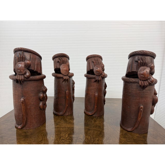 Chinese Antique Bamboo Hand Carved Basket Crab Decorative Brush Pots, Set of 4 For Sale In San Francisco - Image 6 of 12