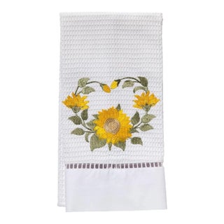 Sunflower Circle Guest Towel, White Waffle Weave, Ladder Lace, Embroidered For Sale