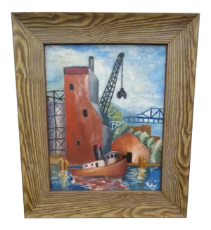 Mid 20th Century R. Watt: Tugboat in Harbor P2353 Painting, Framed