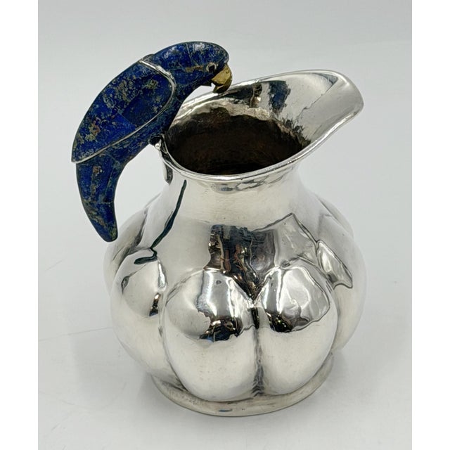 Silver 1970s Los Castillo Taxco Silver Plate & Lapis Parrot Pitcher For Sale - Image 8 of 18