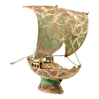 Rabelo Boat in Silver with Gilded Filigree Applications, Wooden Barrels and Green Enamel Paint For Sale