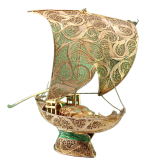 Rabelo Boat in Silver with Gilded Filigree Applications, Wooden Barrels and Green Enamel Paint